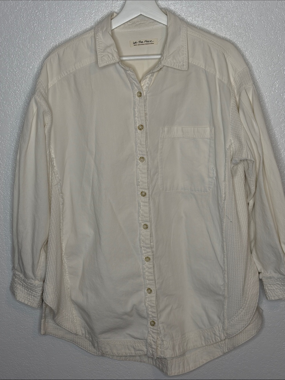 We the Free Off White Waffle Panel Very Oversized Mixed Media Button Down Shirt